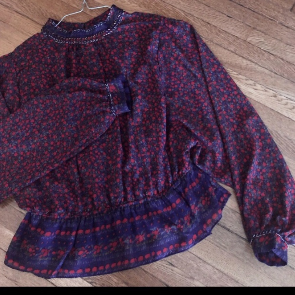 Sheer Free People sheer sleeve top small beaded summer elastic waist navy red